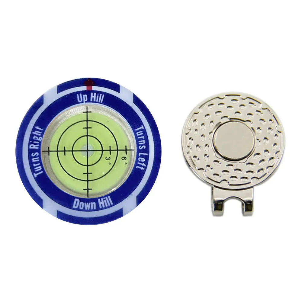 Golf spirit level clip with green bubble vial and alignment marks attached to a golf bag strap