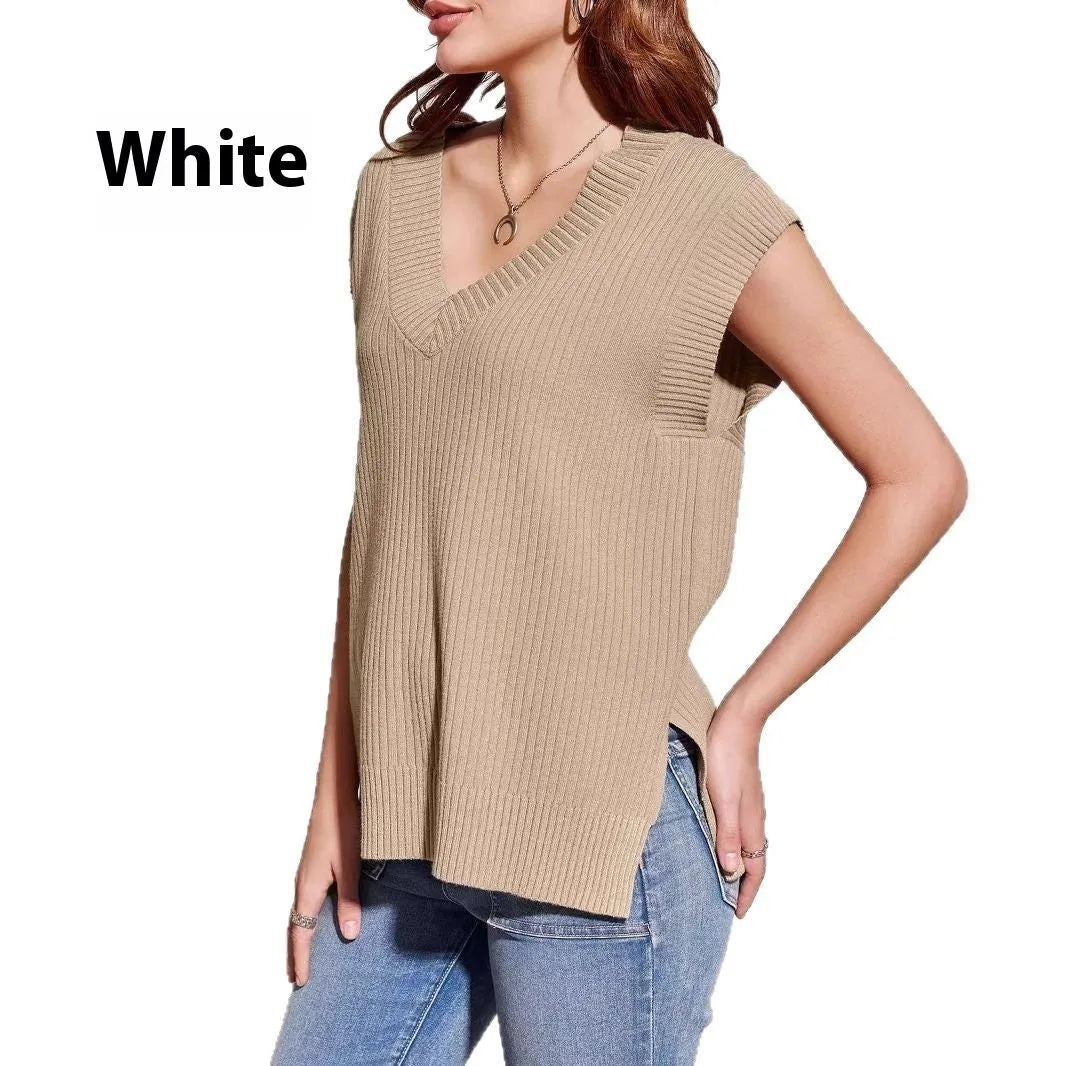 V-neck sleeveless pullover vest in camel viscose fibre with loose fit and fold detailing