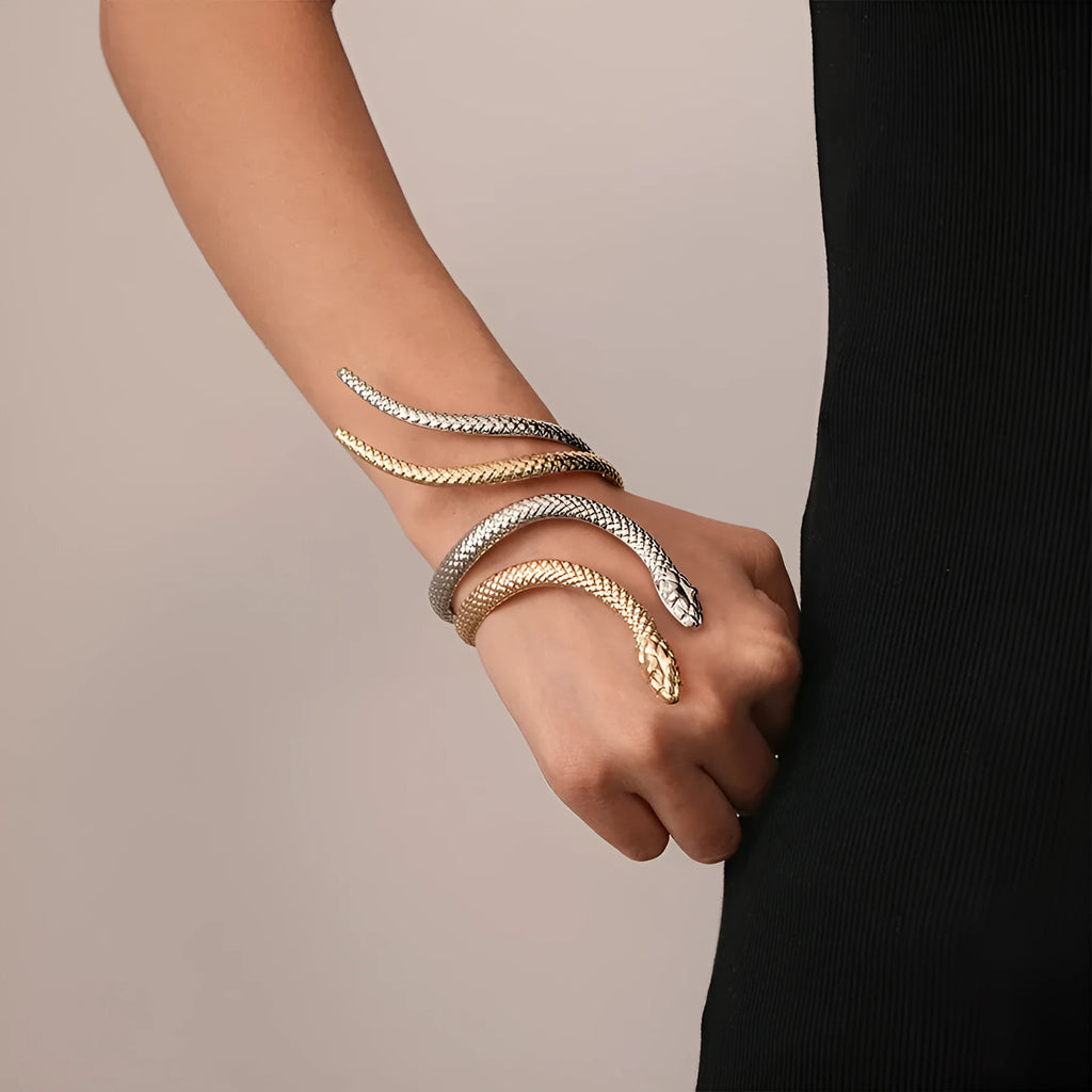 Gold electroplated metal snake design ring and bracelet set with exaggerated twisting