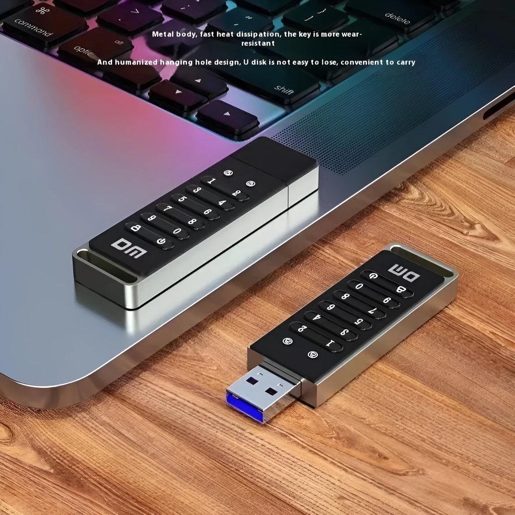 64GB metal USB flash drive with fingerprint scanner and encryption button for secure file storage