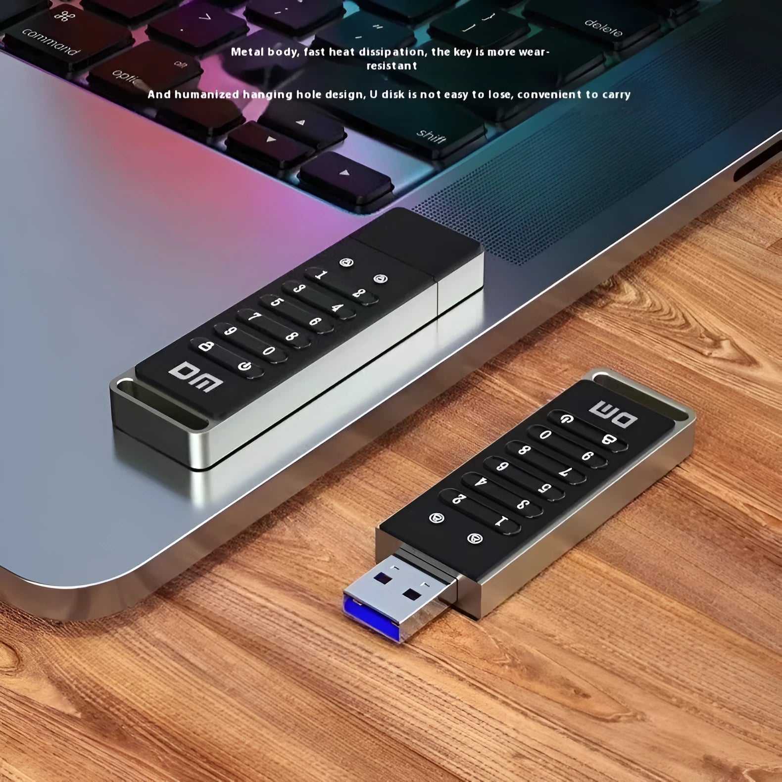 64GB metal USB flash drive with fingerprint scanner and encryption button for secure file storage