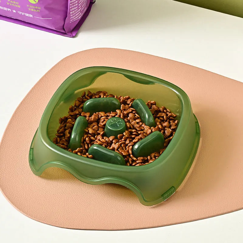 Blue plastic dog slow feeder bowl with anti-choking design for household use