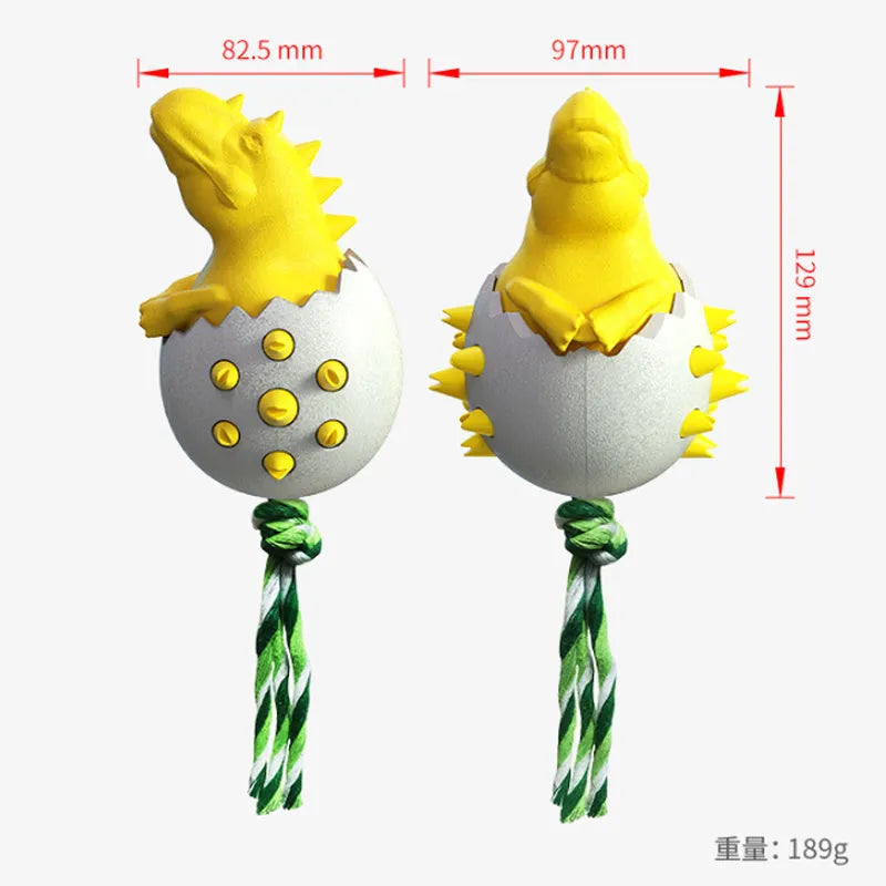 Durable rubber dog chew toy with rope attachment and dinosaur design for aggressive chewers