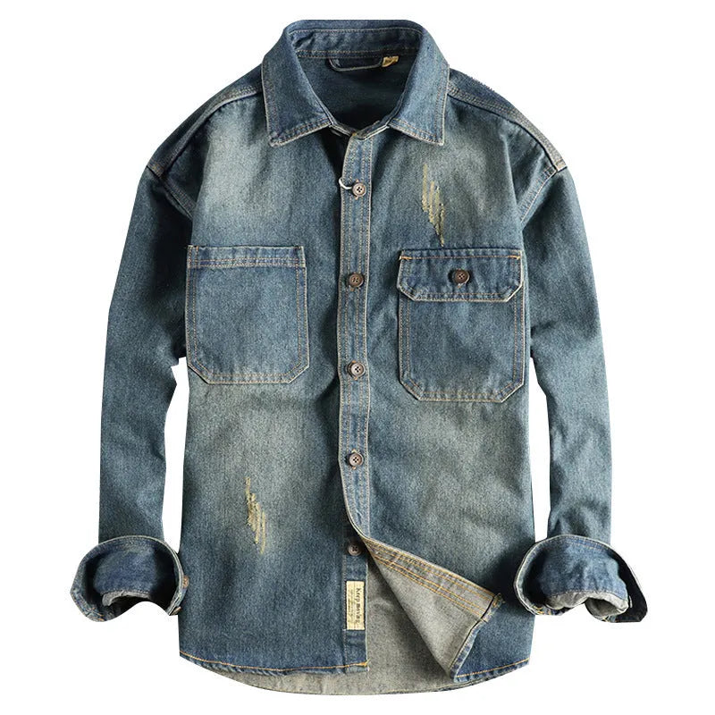 Men's vintage denim shirt in light blue washed cotton with loose fit and long sleeves
