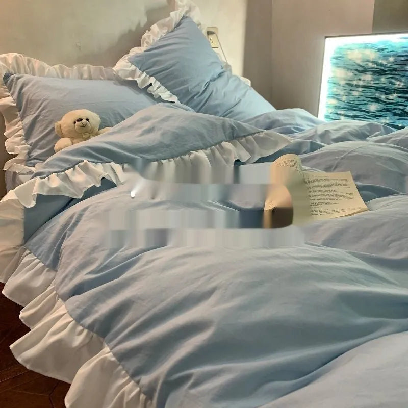 Mori style washed cotton four-piece bedding set in solid lace-creamy colour with quilt cover, sheet, and pillowcases