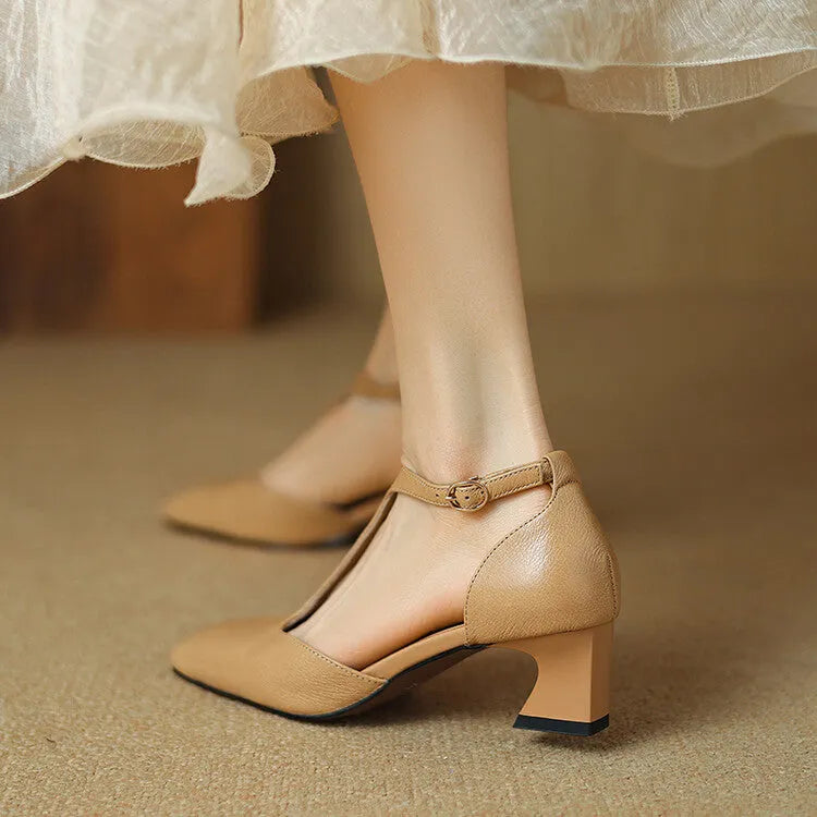 French retro square toe chunky heel shoes in wine red sheepskin leather with buckle fastening