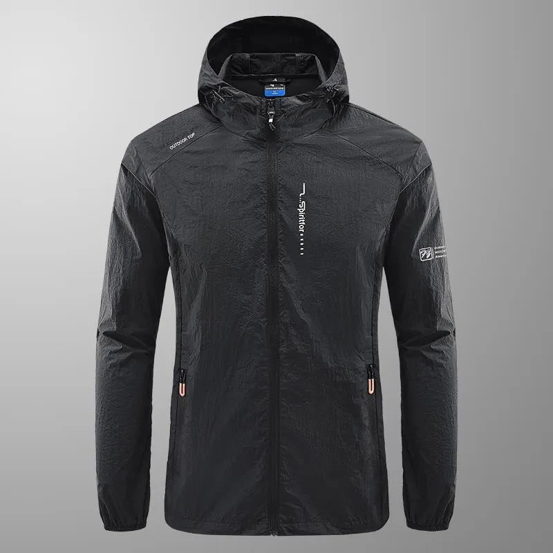 A man's lightweight hooded summer jacket in a loose fit, shown in a neutral colour like grey or blue.