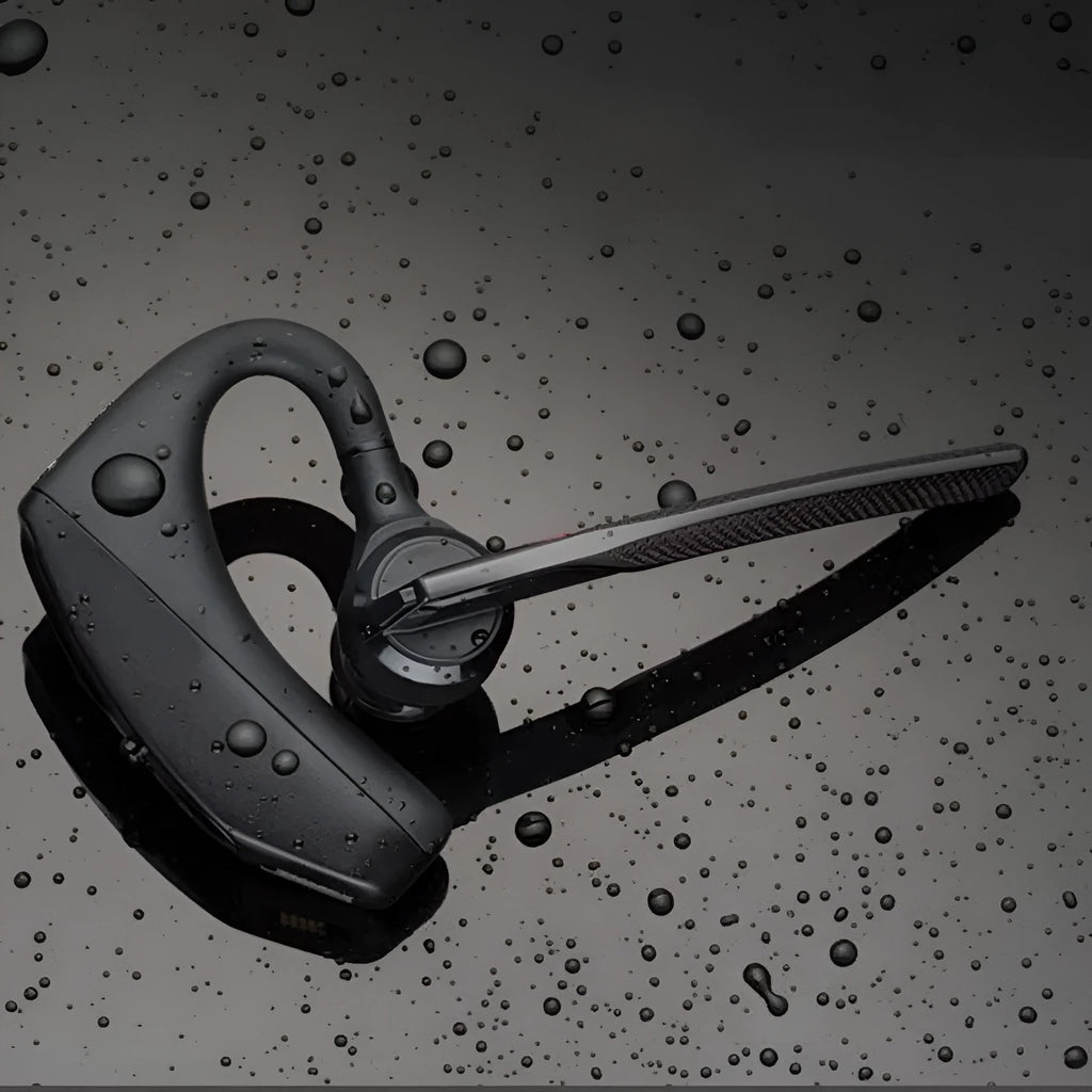 Black plastic Bluetooth sports headphones with a call function and battery display, shown with USB charging.