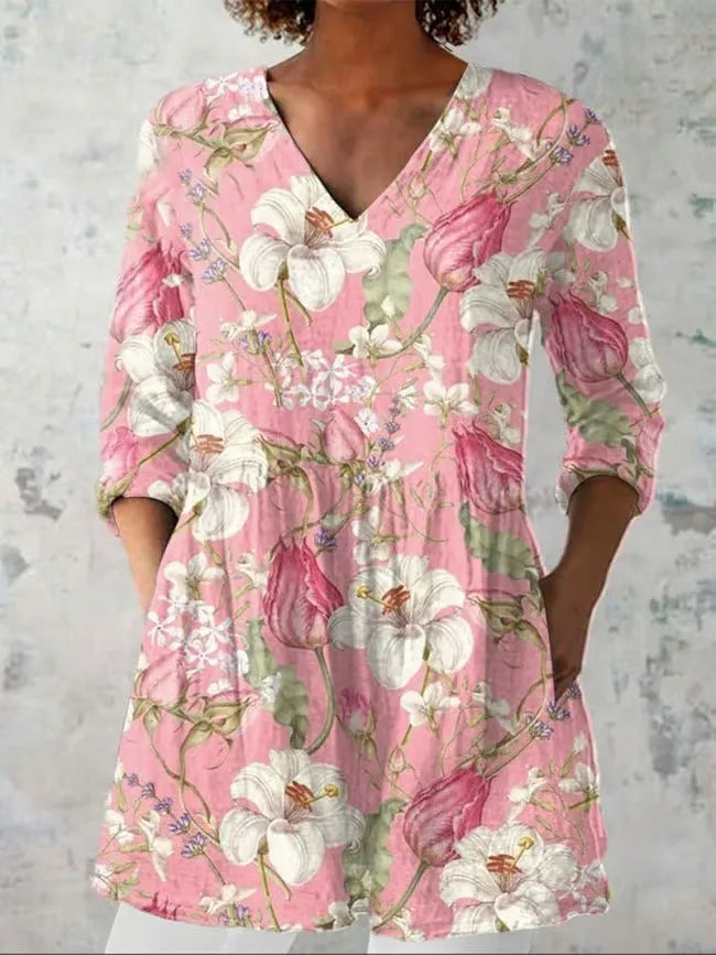 Women's retro slim fit long-sleeved top with digital printing, available in multiple colours.