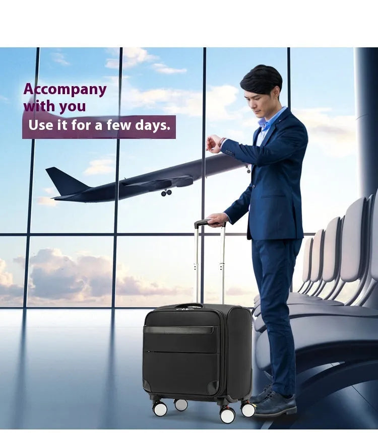 Black 18-inch waterproof oxford cloth carry-on suitcase with universal wheels