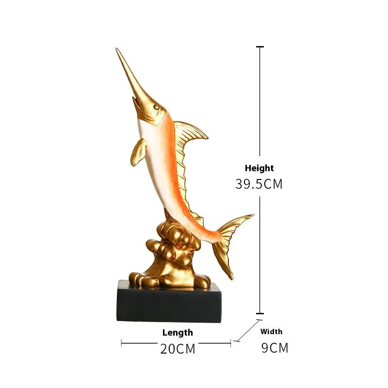 European style decorative resin swordfish ornament in Ocean Green, Lake Blue, Coral Red or Bright Gold.