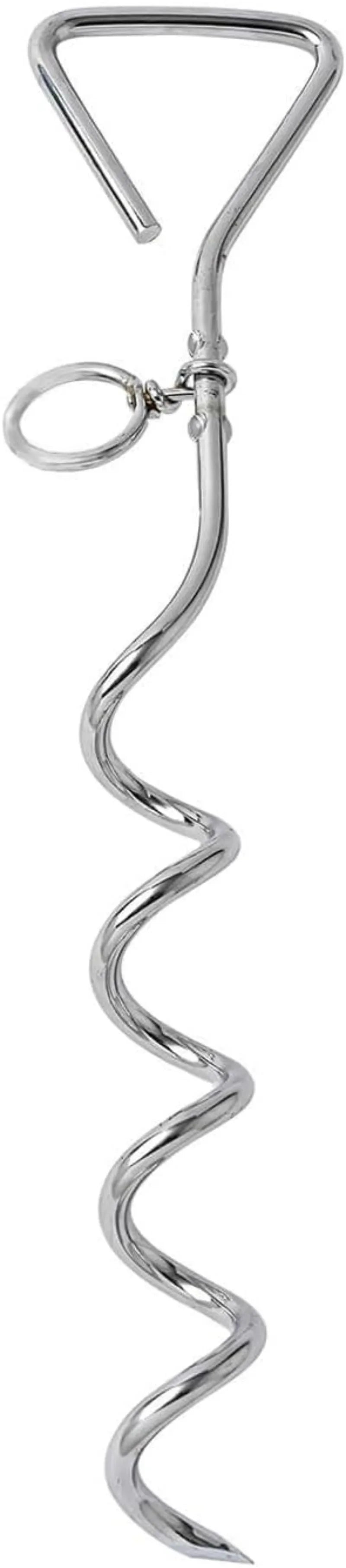 Medium silver spiral dog tie out stake made of steel for secure outdoor tethering