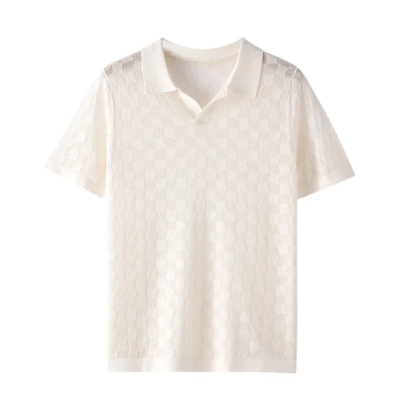Men's short sleeve lapel sweater in mulberry silk for business casual office wear