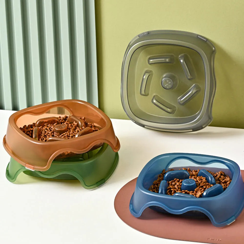 Blue plastic dog slow feeder bowl with anti-choking design for household use