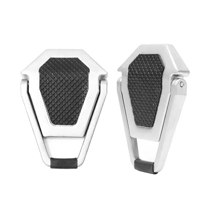 Foldable aluminum laptop bracket showing silver alloy construction and 3M adhesive backing