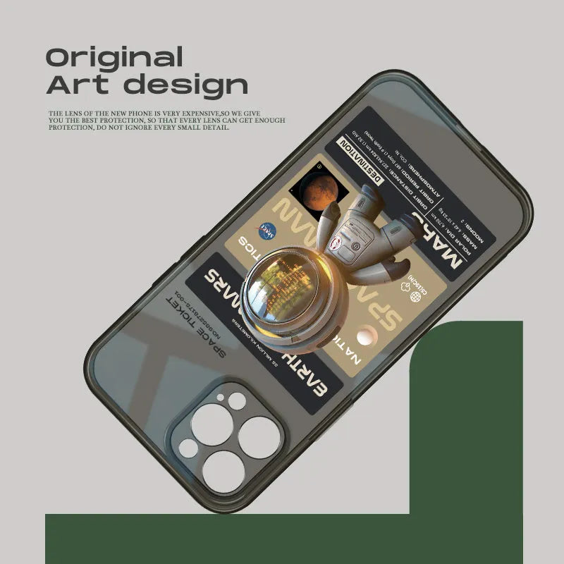 Soft black TPU iPhone case with anti-drop protection showing Mars Ticket and Oasis Flights design options