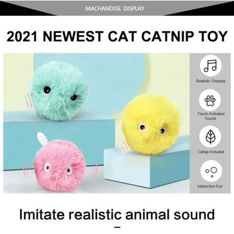 Interactive cat toy ball in blue, pink, and yellow colours with animal sound features