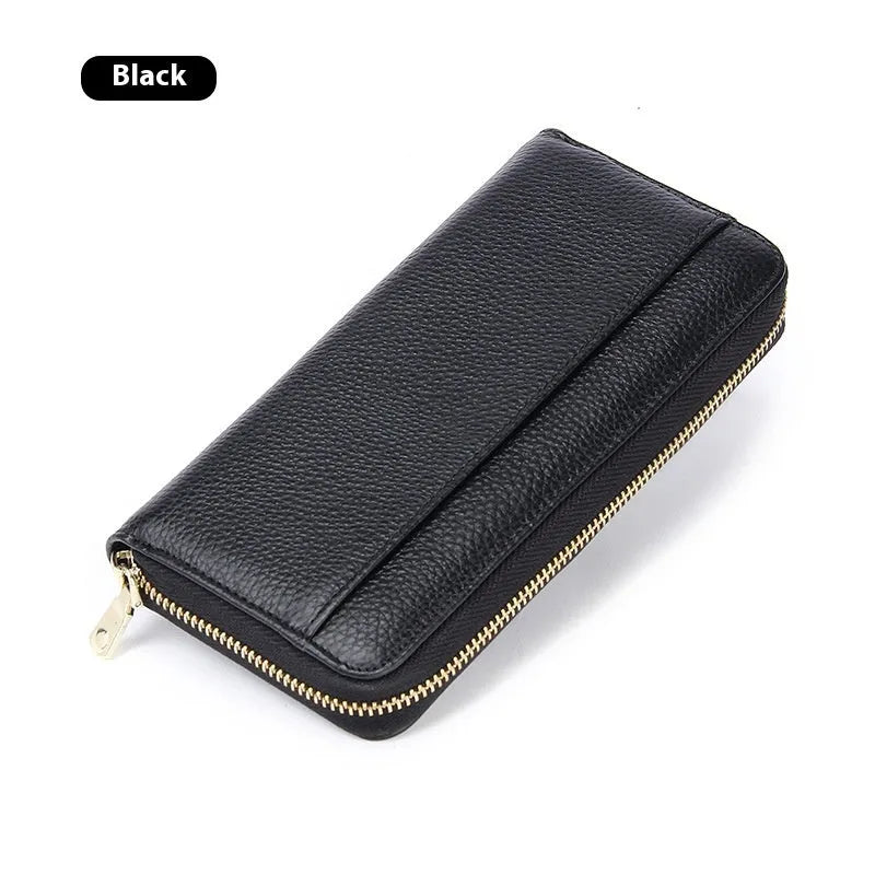 Genuine leather women's wallet showing interior compartments and anti-theft card swiping feature