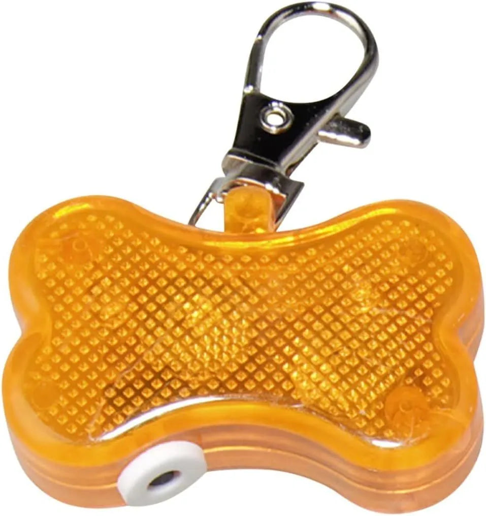 Blue bone-shaped LED pet pendant showing dimensions and attachment loop for collars