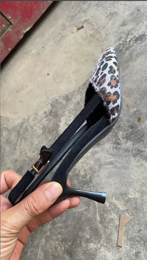 Leopard print women's pointed toe suede sandals with high heels