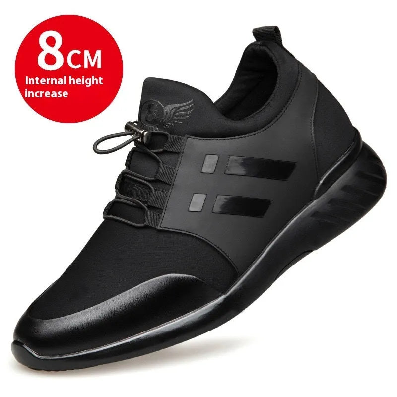 Men's black height increasing casual sneakers with chunky sole, shown in leather and mesh upper options.