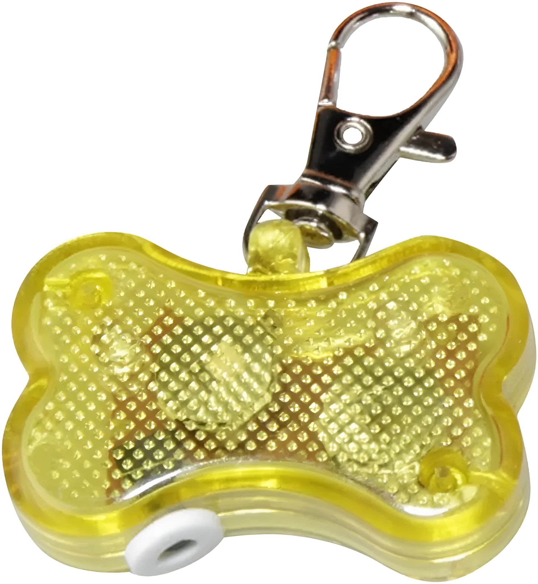 Blue bone-shaped LED pet pendant showing dimensions and attachment loop for collars