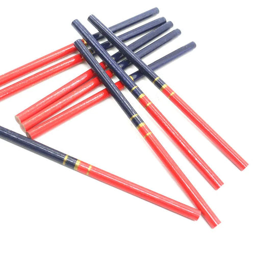 Set of ten red and blue round wooden carpenter's pencils for marking.