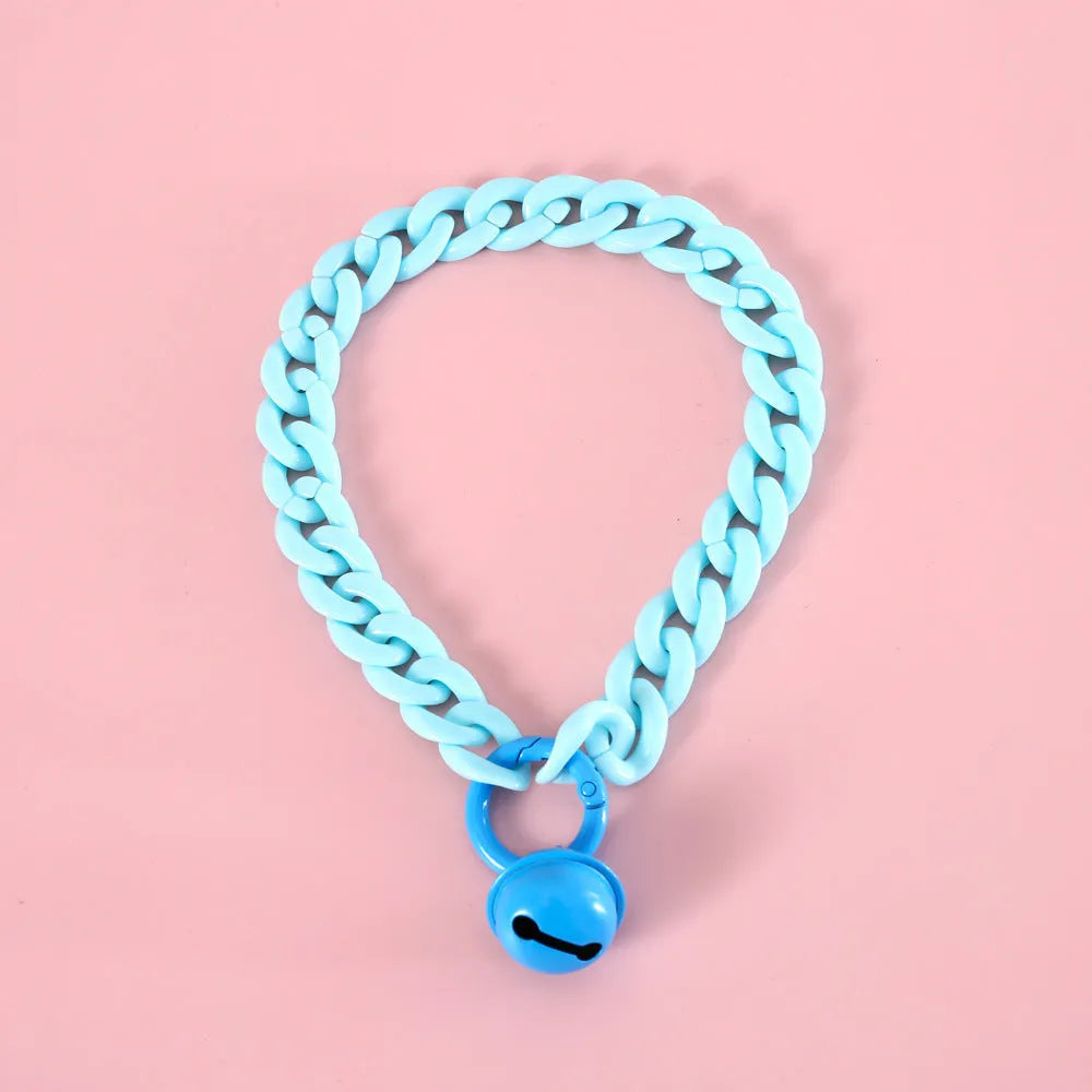 Macaron candy coloured plastic pet collar for cats, dogs, and rabbits in chain blue, pink, and mixed colours on a white background.