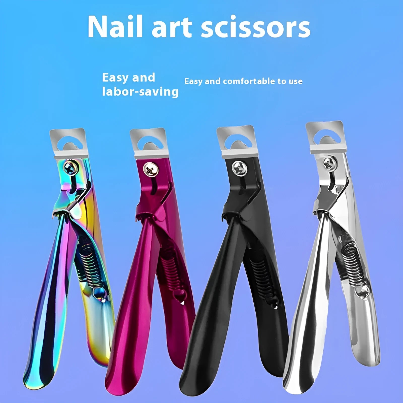 Stainless steel U-shaped nail art scissors in electrophoresis black, colour titanium, and silver finishes for French manicures.
