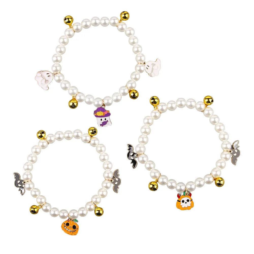 Halloween cat collar with simulated pearl necklace and purple ghost pumpkin ornament
