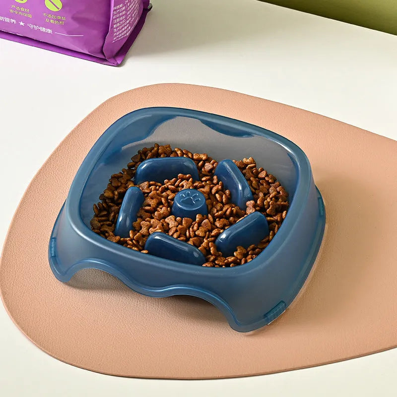 Blue plastic dog slow feeder bowl with anti-choking design for household use