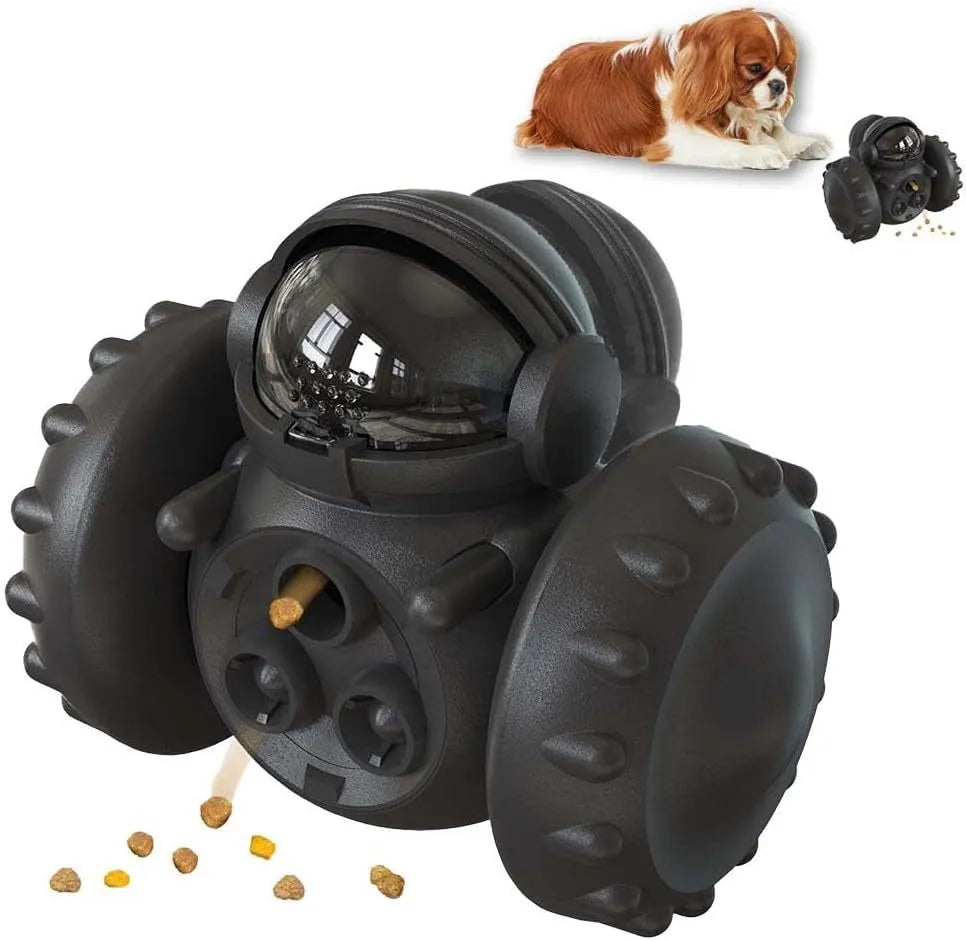 Self-balancing dog treat dispenser toy in robot design for interactive pet play