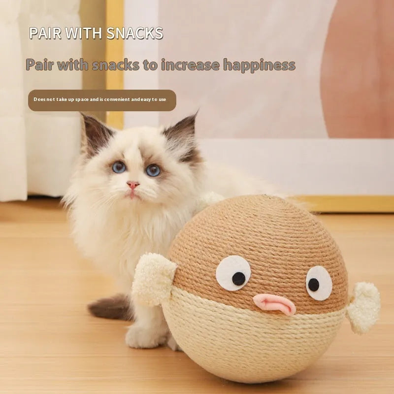 Puffer fish shaped pet puzzle feeder toy made from woven sisal hemp strips with 15cm cube dimensions