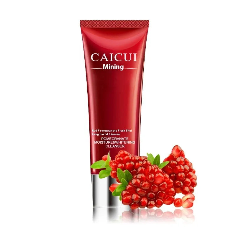 Red packaged pomegranate skincare set containing face wash, toner, lotion, and facial cream bottles.