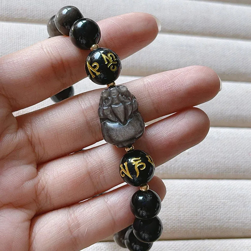 Silverstone beaded bracelet for men with engraved Six Words Proverbs, Chinese style design.