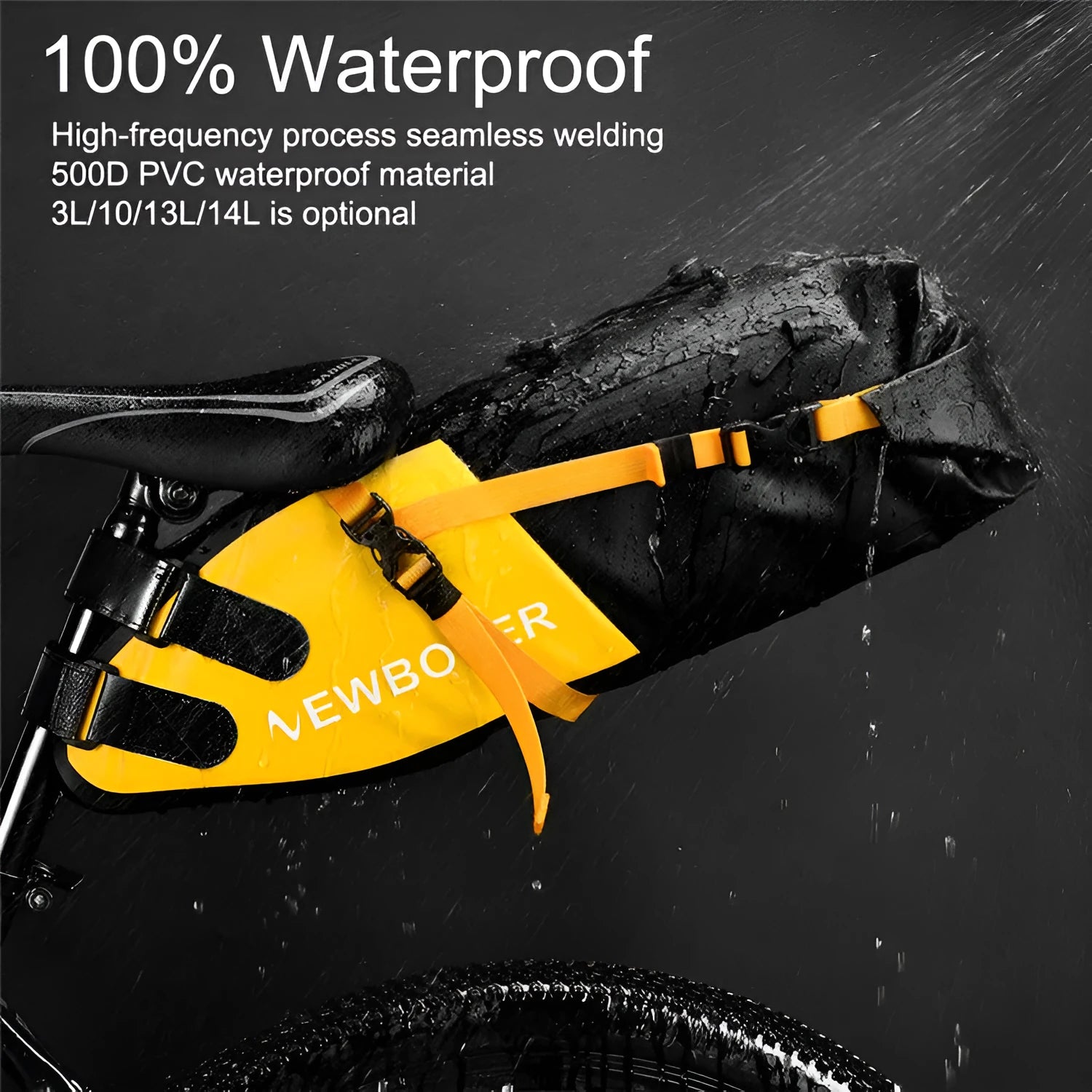 Waterproof 13L bicycle tail bag in black, green, and yellow colour options