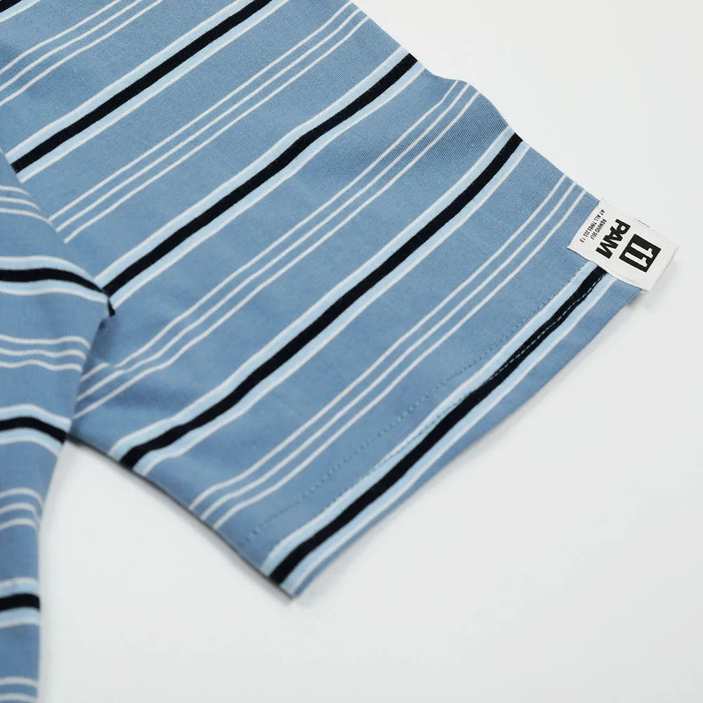Man's blue and white vintage stripe cotton polo shirt with short sleeves and a loose fit.