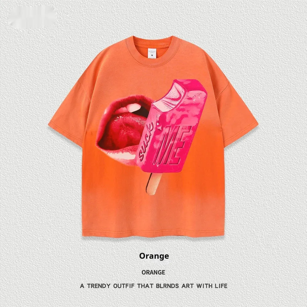 Man and woman wearing loose black and orange heavy washed short-sleeved cotton t-shirts.