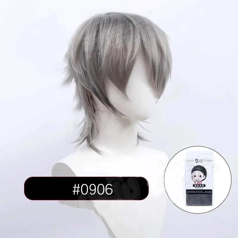 A short-style anime cosplay wig for men in a selected colour, showing its lengthened hair tail.