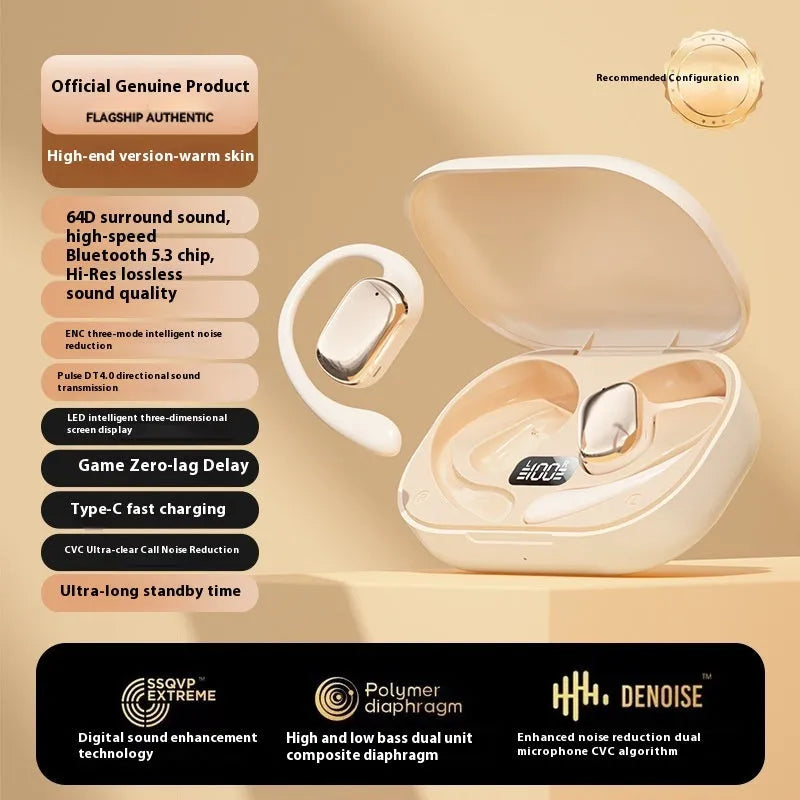 Ear-mounted headphones with digital display screen in black, skin colour or white finish