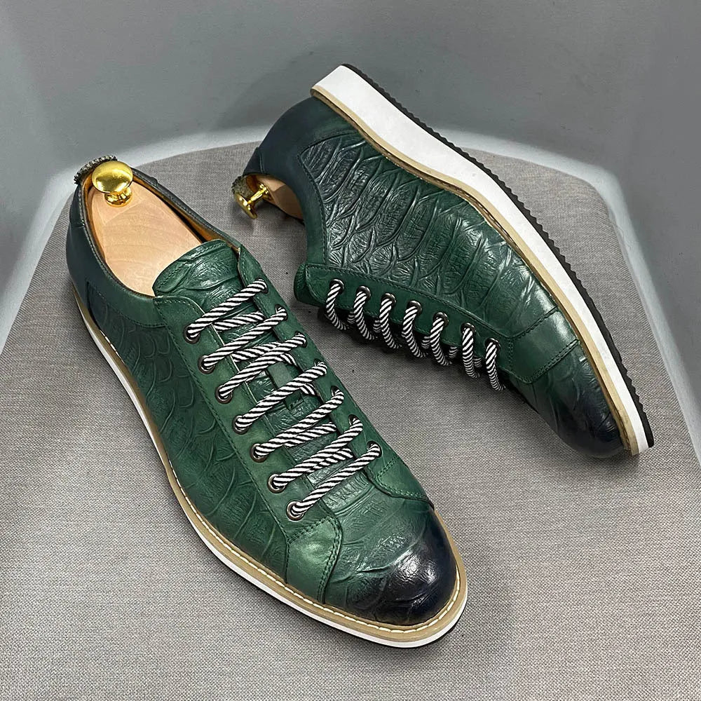 Men's handmade casual shoes with embossed pattern detailing and low tube front tie design