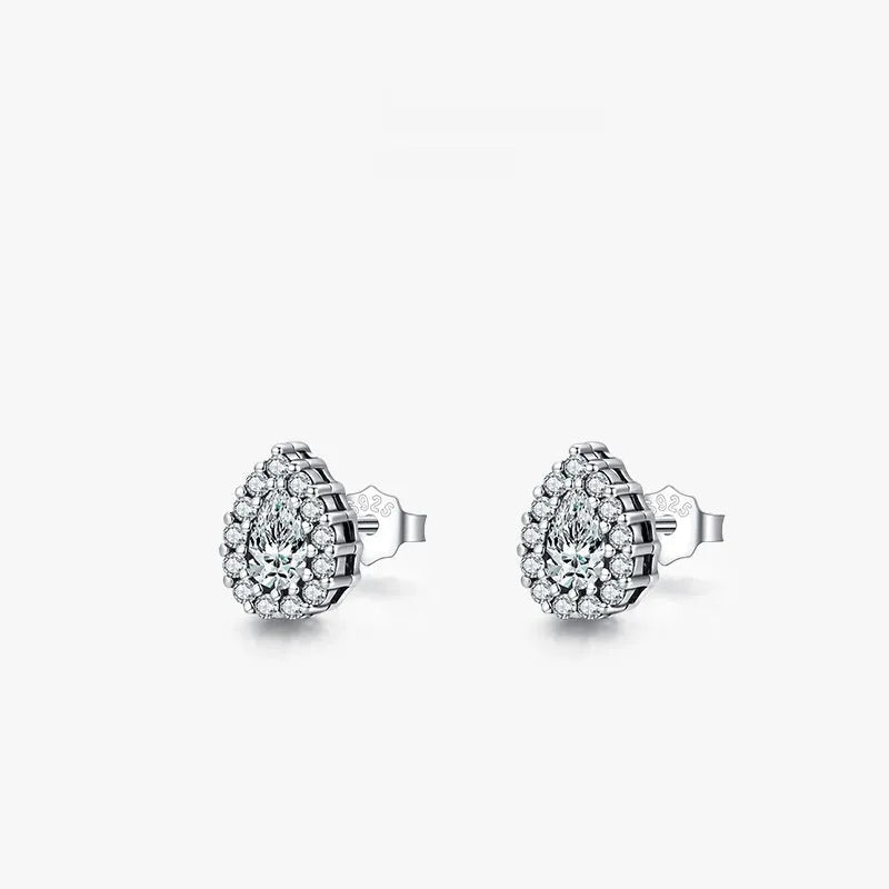 Women's water drop shaped silver ear studs with 925 sterling silver construction