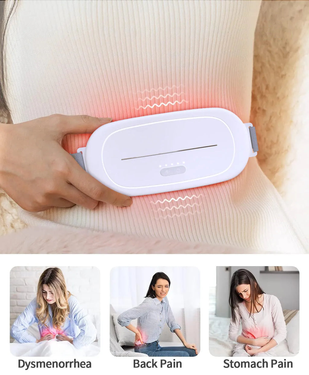 White postpartum uterine warming device with fabric belt and portable heat therapy unit.