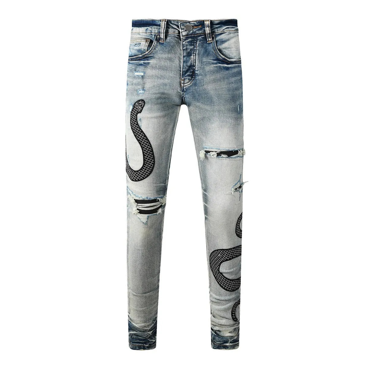 Blue distressed skinny jeans with a button fly on a mid waist, showing a slim fit and retro wash detail.