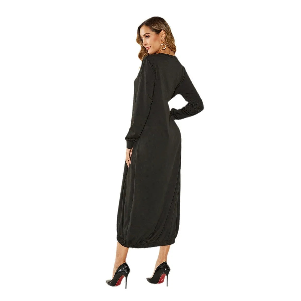 Black loose lantern dress with lace-up crew neck and long sleeves on mannequin