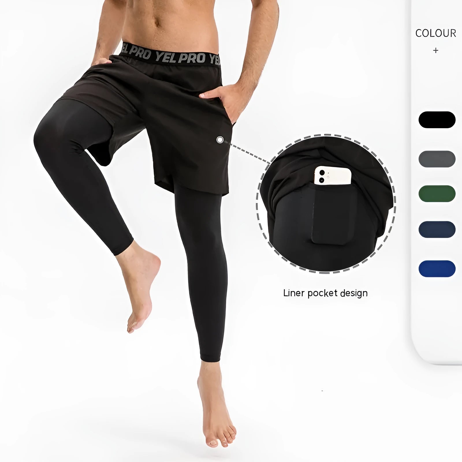 Man wearing grey elastic quick-drying sports trousers for fitness exercise.