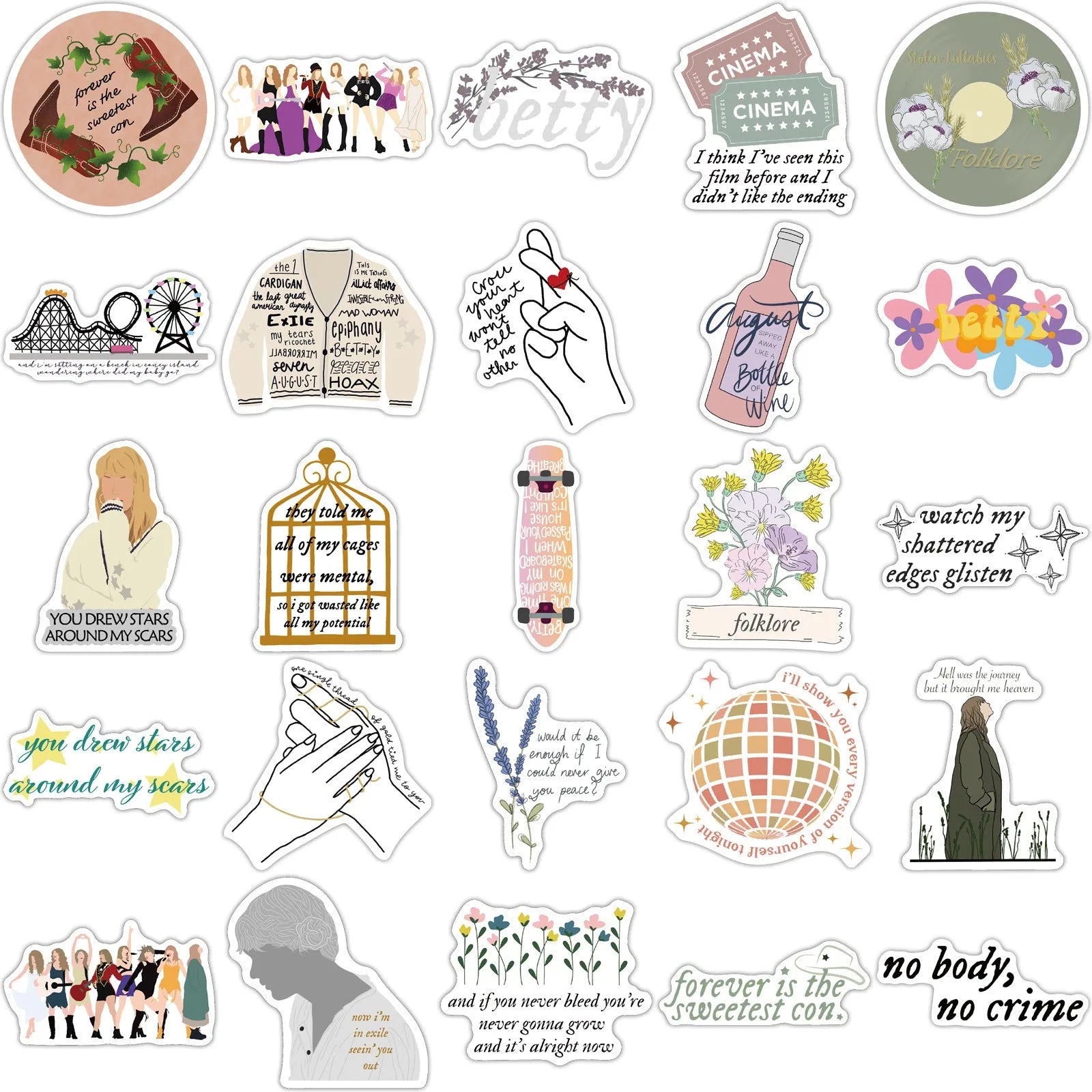 50 waterproof adhesive luggage stickers with cartoon and graffiti designs measuring 4-6cm