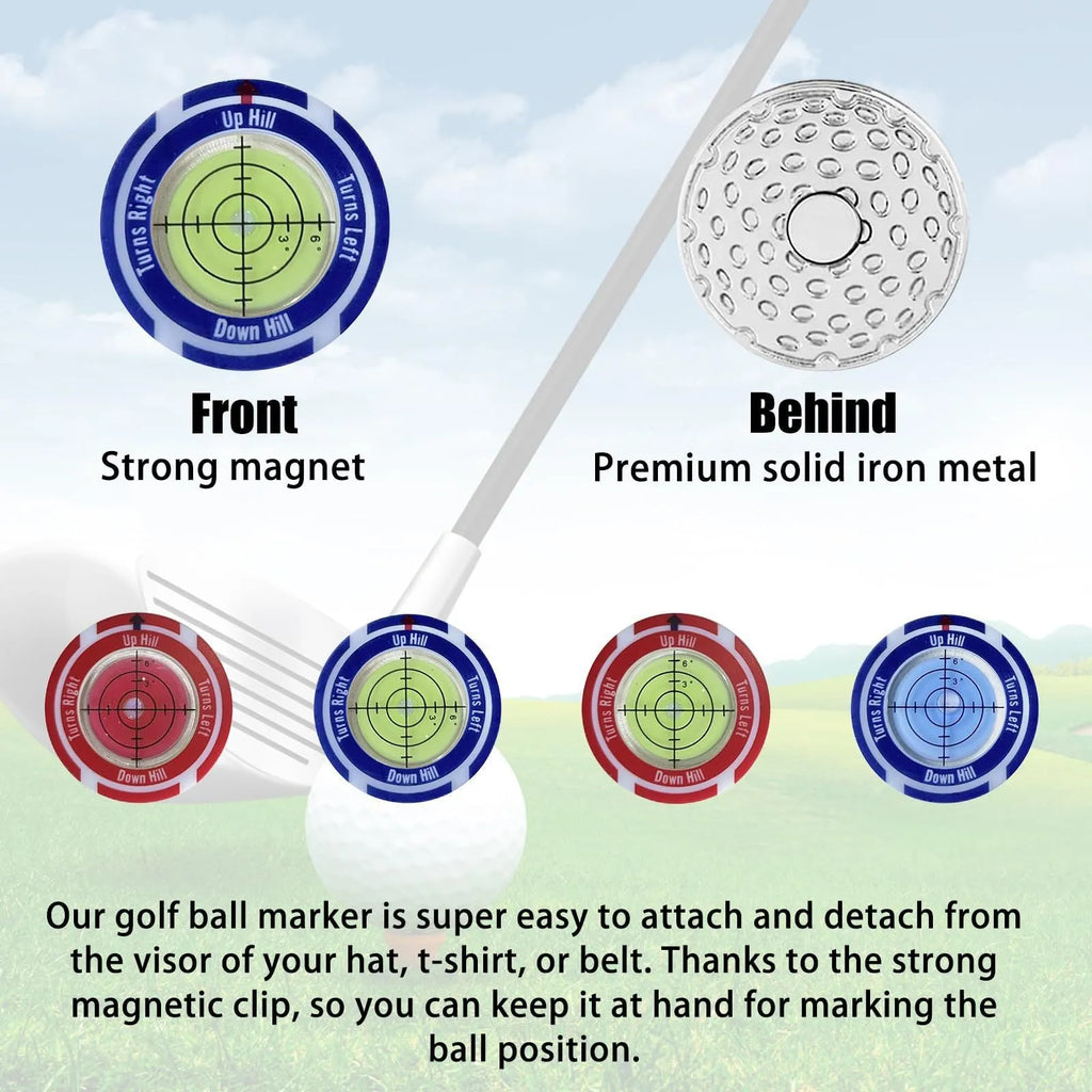 Golf spirit level clip with green bubble vial and alignment marks attached to a golf bag strap