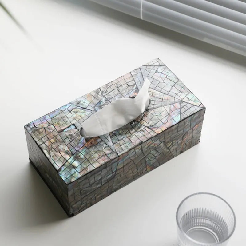Natural shell rectangular and square storage box for tissue box organisation on a coffee table.