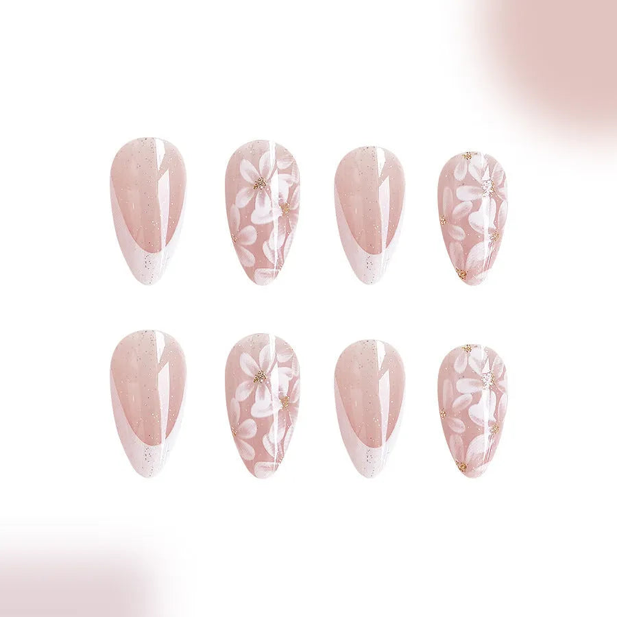 Short almond French style nails with glitter powder flower design in C625 colour